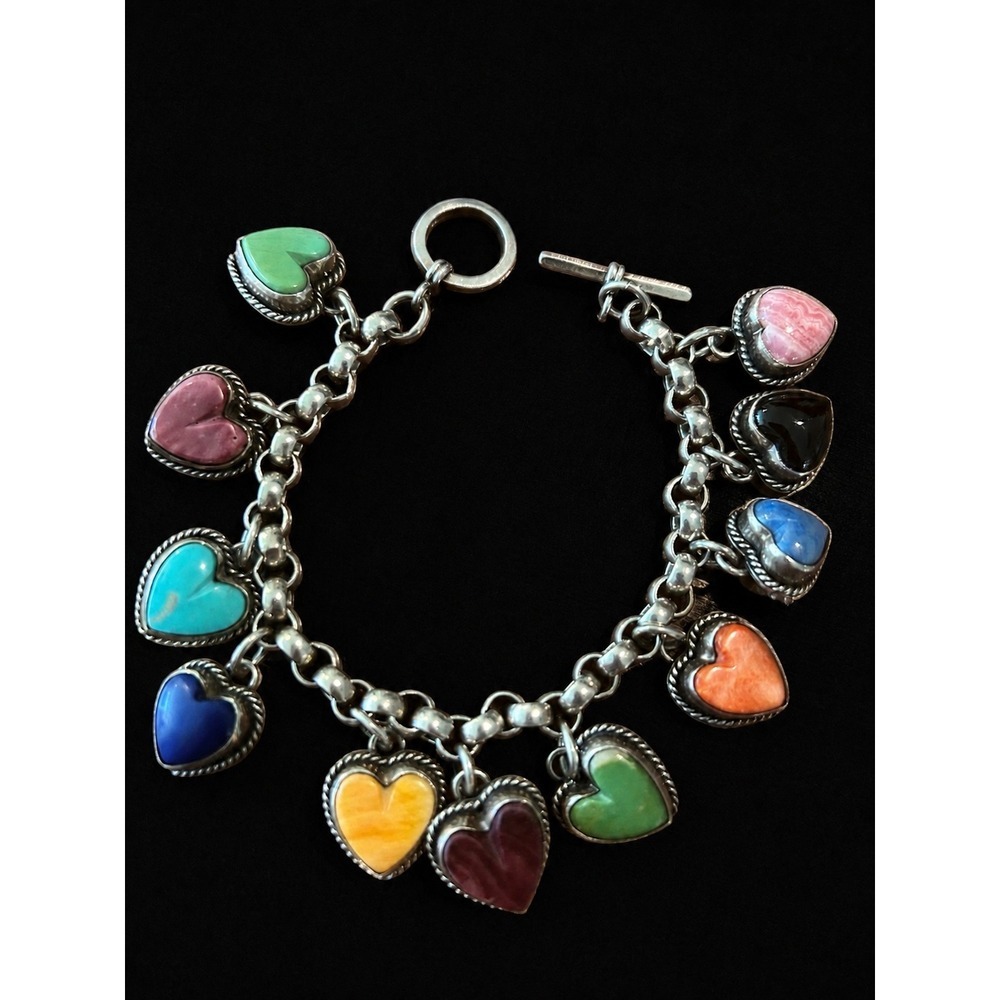 Joan Slifka Sterling Sea Life Charm Bracelet Multi Gemstone Hearts 8" 2004 OOAK